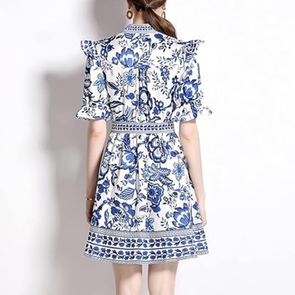 LAI MENG FIVE CATS Women Button Up Short Puff Sleeve Mini Dress Sz: XL Blue/Wht - Picture 4 of 15